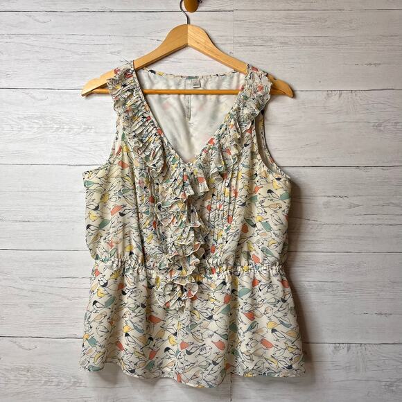 Lauren Conrad Blouse Womens Size XL Tiny Bird Print Babydoll Ruffle Pleated - Picture 1 of 16